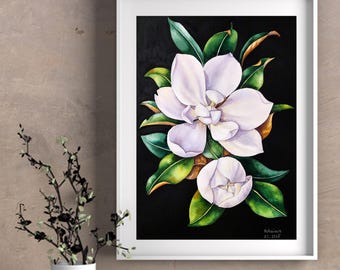 オリジナルのマグノリアの水彩画、植物の壁画、白いマグノリアの美術