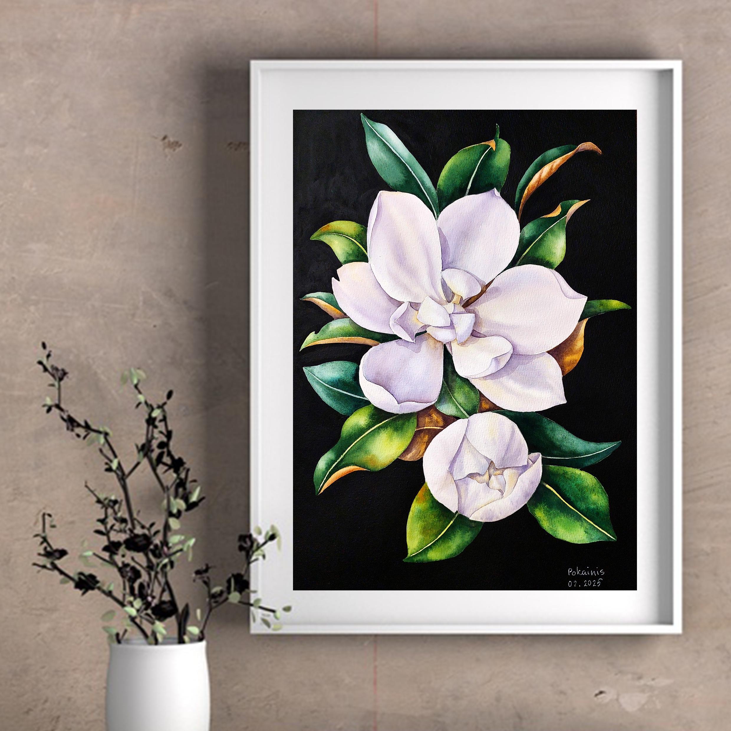 オリジナルのマグノリアの水彩画、植物の壁画、白いマグノリアの美術