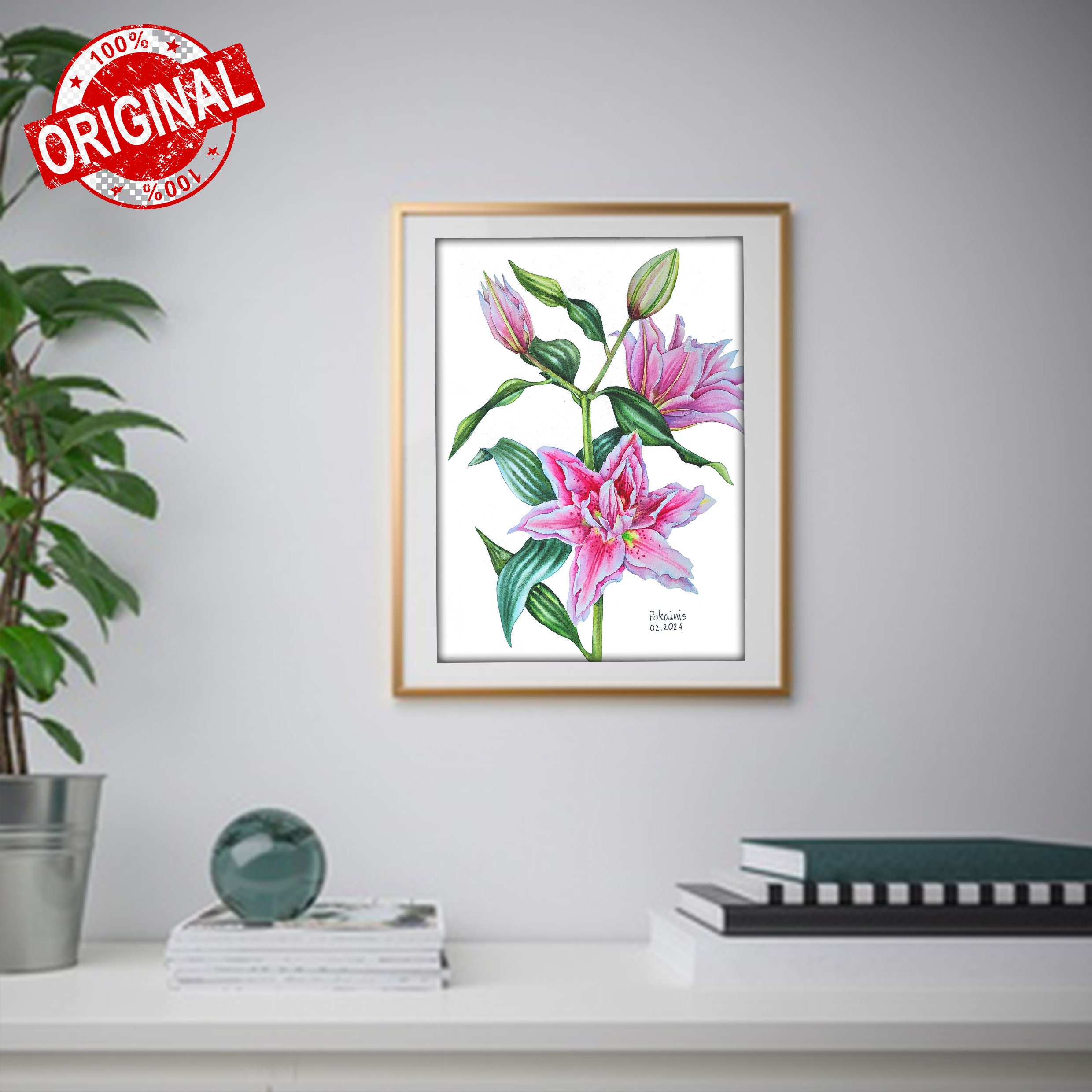 ユリのオリジナル水彩画、花の静物画、花の壁画、ピンクの花の絵画