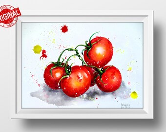 オリジナル水彩画、トマトのオリジナルアートワーク、庭の水彩画