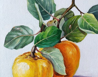 Small oil painting, original artwork, apple oil painting, fruit still life oil painting, fruit wall art, Apple quince, botanical wall art