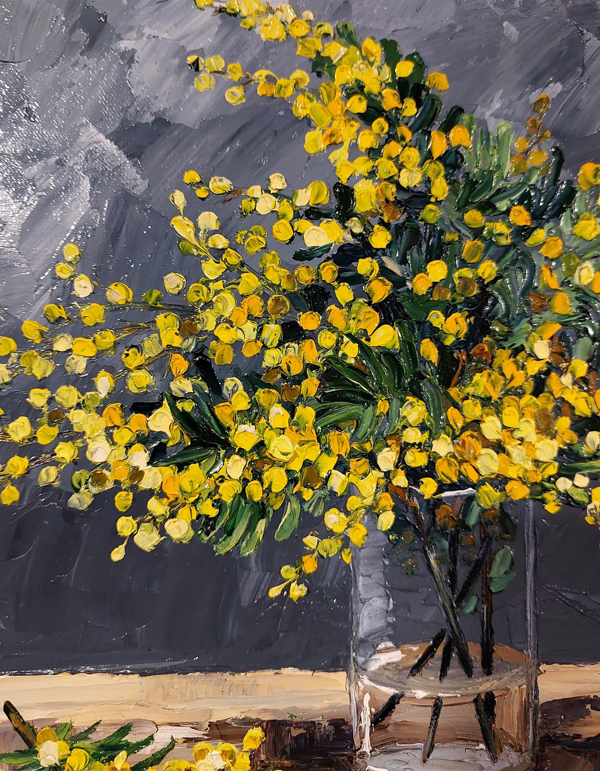 オリジナルの厚塗り油絵、花の静物画、植物のアートワーク、ミモザの