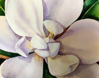 オリジナルのマグノリアの水彩画、植物の壁画、白いマグノリアの美術