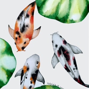 ORIGINAL watercolor painting, koi fish wall art, Japanese Carp painting, lotus leafs artwork, underwater wall art, original artwork