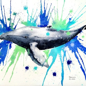 Dipinto originale ad acquerello di una balenottera azzurra, arte murale oceanica, opera d'arte di una balena, belle arti di una megattera, regalo per gli amanti dell'oceano, dipinto sulla vita marina