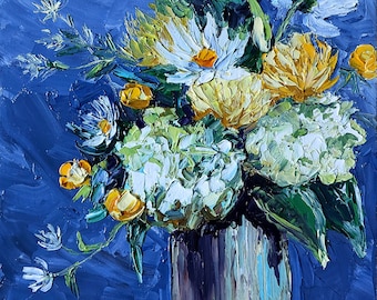 絵画 Oil painting of beautiful flowers. Large Flowers Oil Painting Original Chrysanthemum Wall Art
