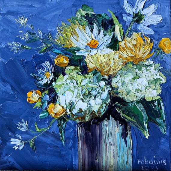 絵画 。壁掛け絵原画【かわいい白い猫が美しい少女と一緒に花瓶を整理