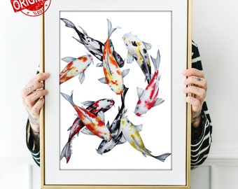 オリジナルの水彩画、9匹の鯉の抽象的な水彩画、鯉の赤と黒の現代
