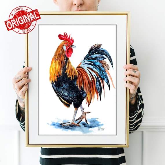 オリジナルの水彩画、雄鶏の絵、鳥の水彩画、農家の雄鶏のアート、農場