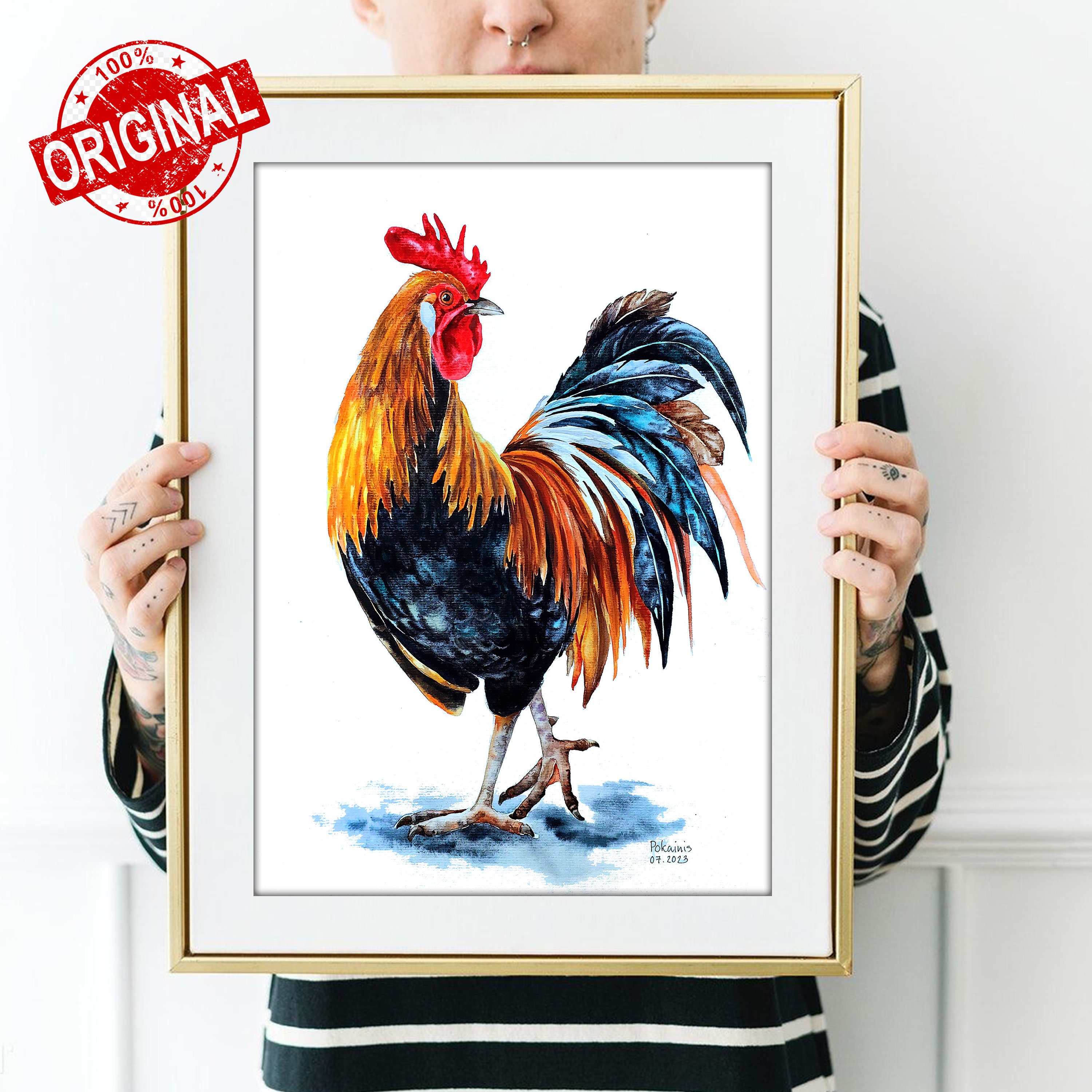 オリジナルの水彩画、雄鶏の絵、鳥の水彩画、農家の雄鶏のアート、農場