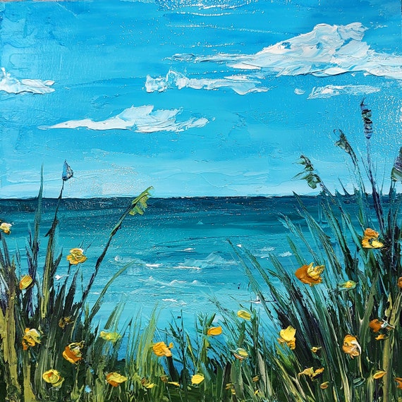 小さなオリジナル油絵、風景壁アート、海景アート、ビーチ壁