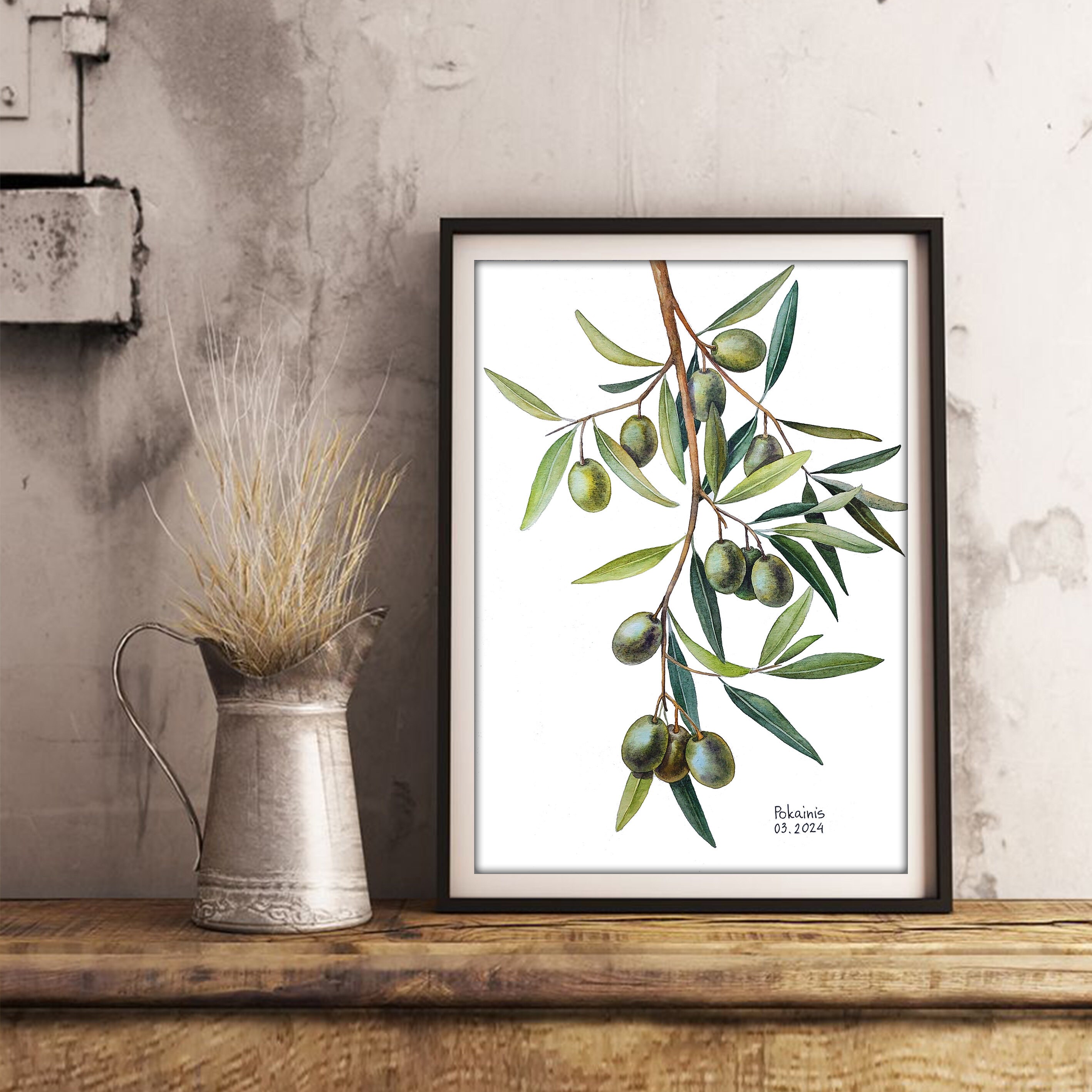 オリーブの枝のオリジナル水彩画、食べ物のイラスト、ギリシャの植物の
