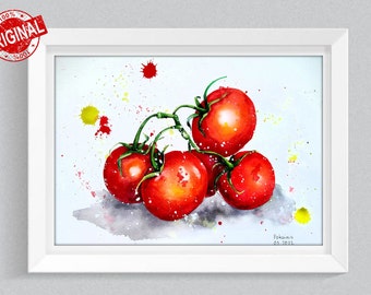 オリジナル水彩画、トマトのオリジナルアートワーク、庭の水彩画