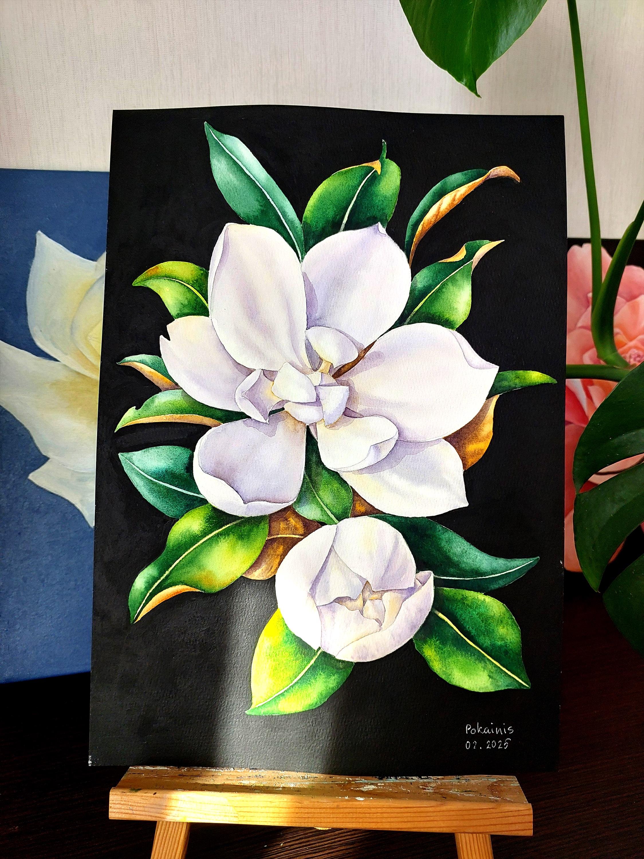 オリジナルのマグノリアの水彩画、植物の壁画、白いマグノリアの美術