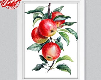 オリジナルの水彩画、リンゴの壁アート、赤いリンゴの絵画、フルーツの