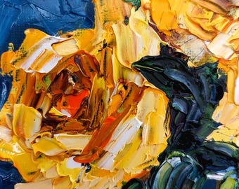 黄色いバラのオリジナル油絵、花の壁掛けアート、厚塗り油絵、植物画