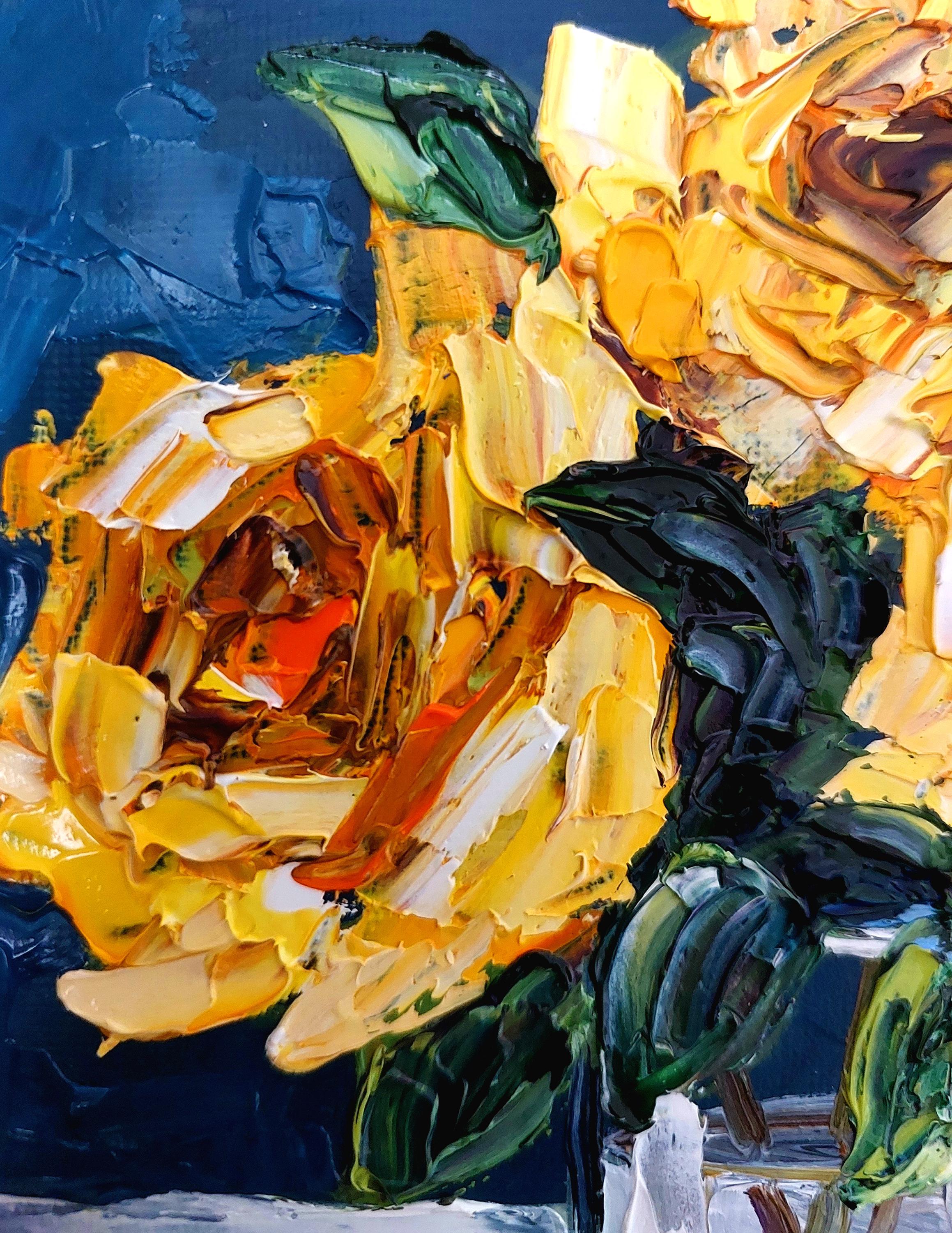 黄色いバラのオリジナル油絵、花の静物画、厚塗り技法、6x6インチ