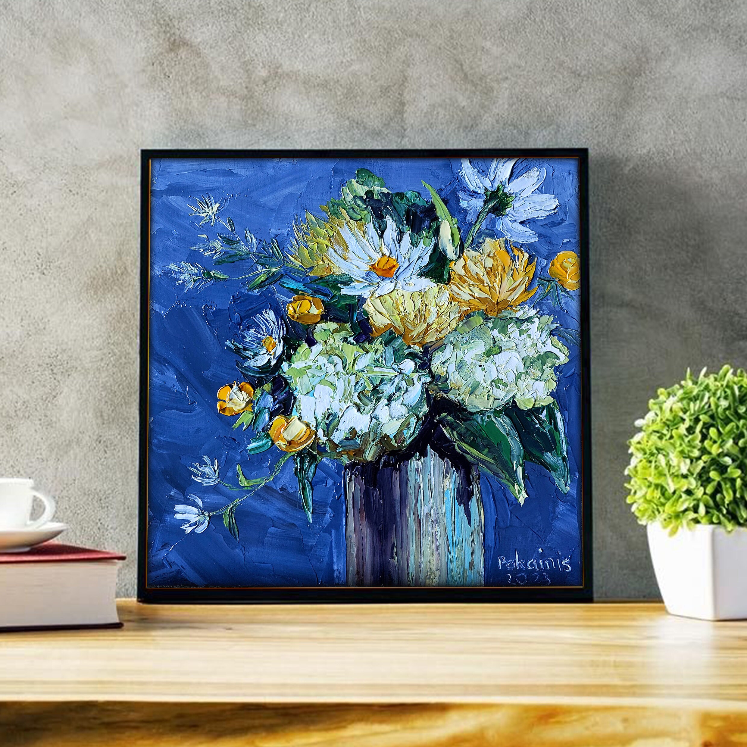 小さな花のオリジナル油絵、花の静物画、植物のアートワーク、花瓶に