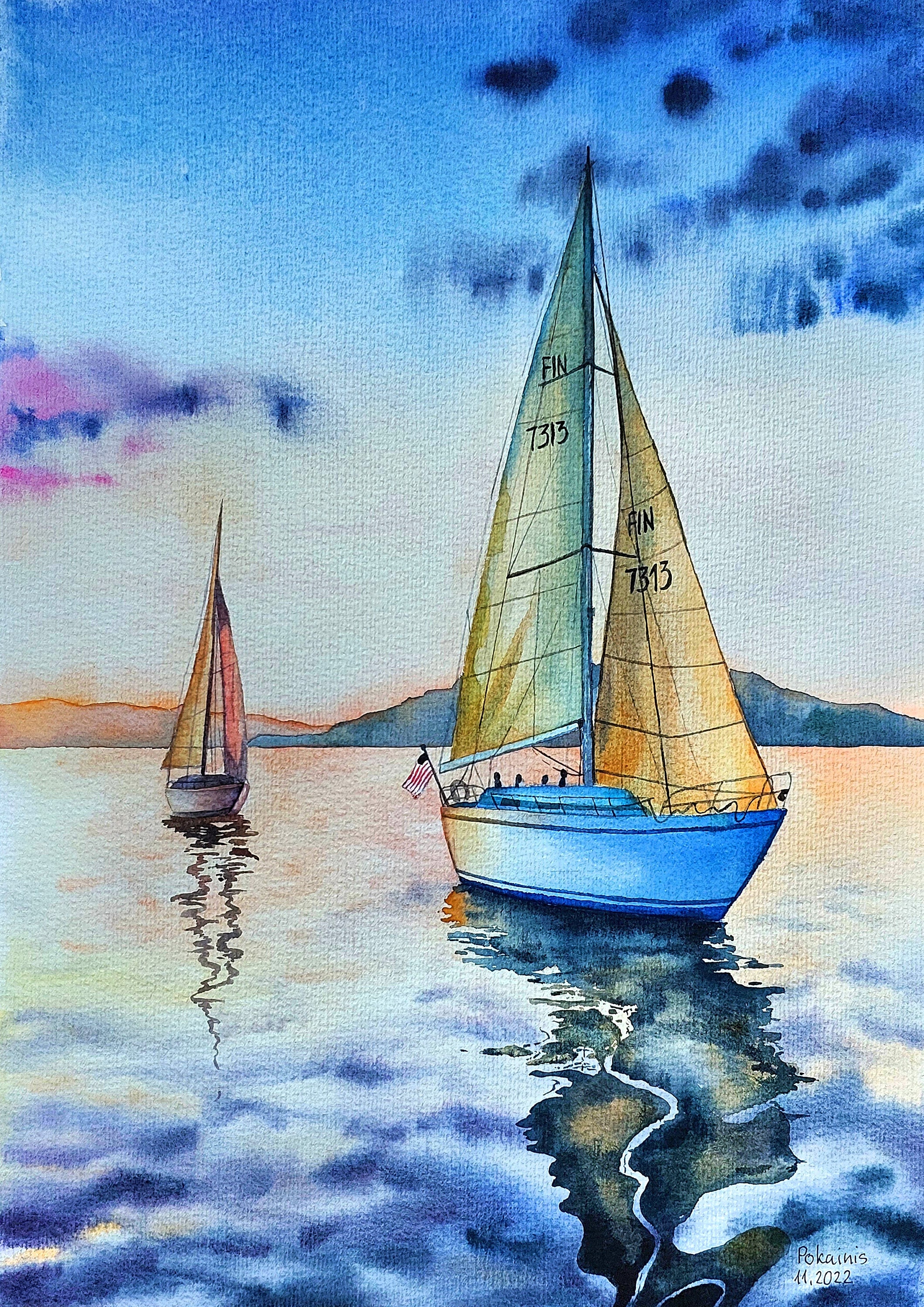 オリジナルの水彩風景画、ボートの壁画、夕日の湖のアートワーク、帆船