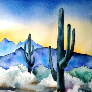 Landschaft original Aquarell Malerei, Kaktus Malerei, Aquarell Berge, Kaktus Wandkunst, Sonnenuntergang Malerei, Wüste Wüste Arizona
