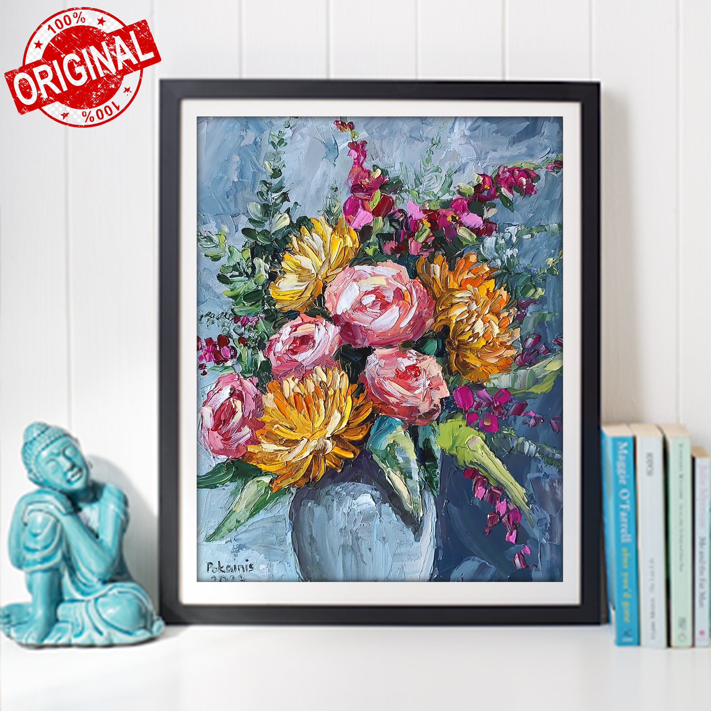 花のオリジナル油絵、バラの花の静物画の壁アート、花束の厚塗り油絵