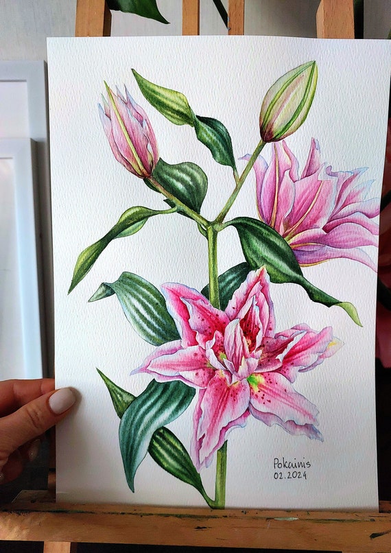 ユリのオリジナル水彩画、花の静物画、花の壁画、ピンクの花の絵画