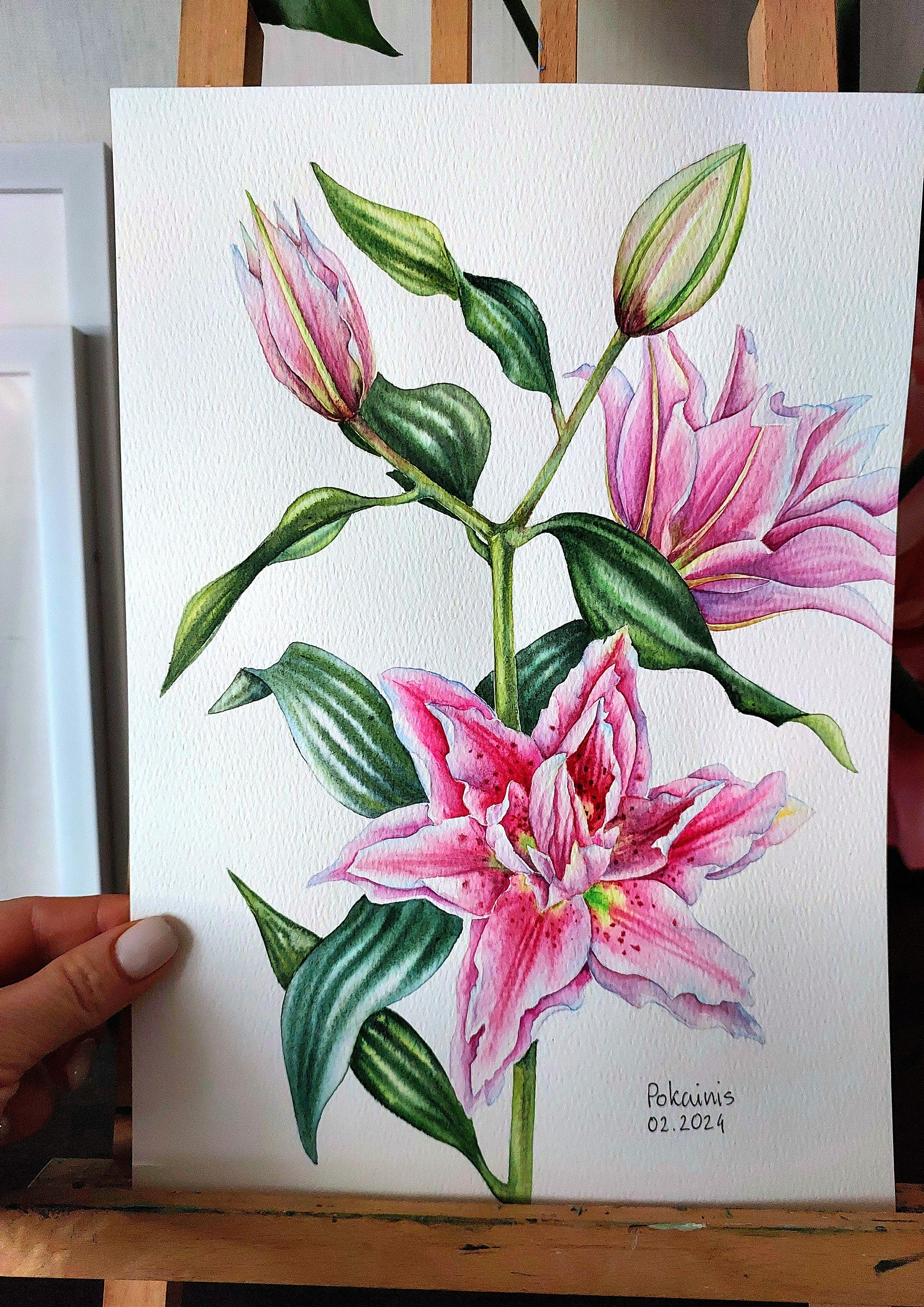 ゆりの絵 ユリのオリジナル水彩画、花の静物画、花の壁画、ピンクの花の絵画