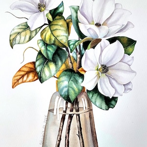 Dipinto ad acquerello ORIGINALE, fiore di magnolia in vaso, opera d'arte floreale di natura morta, dipinto di fiori personalizzato, dipinto di bouquet, arte murale floreale