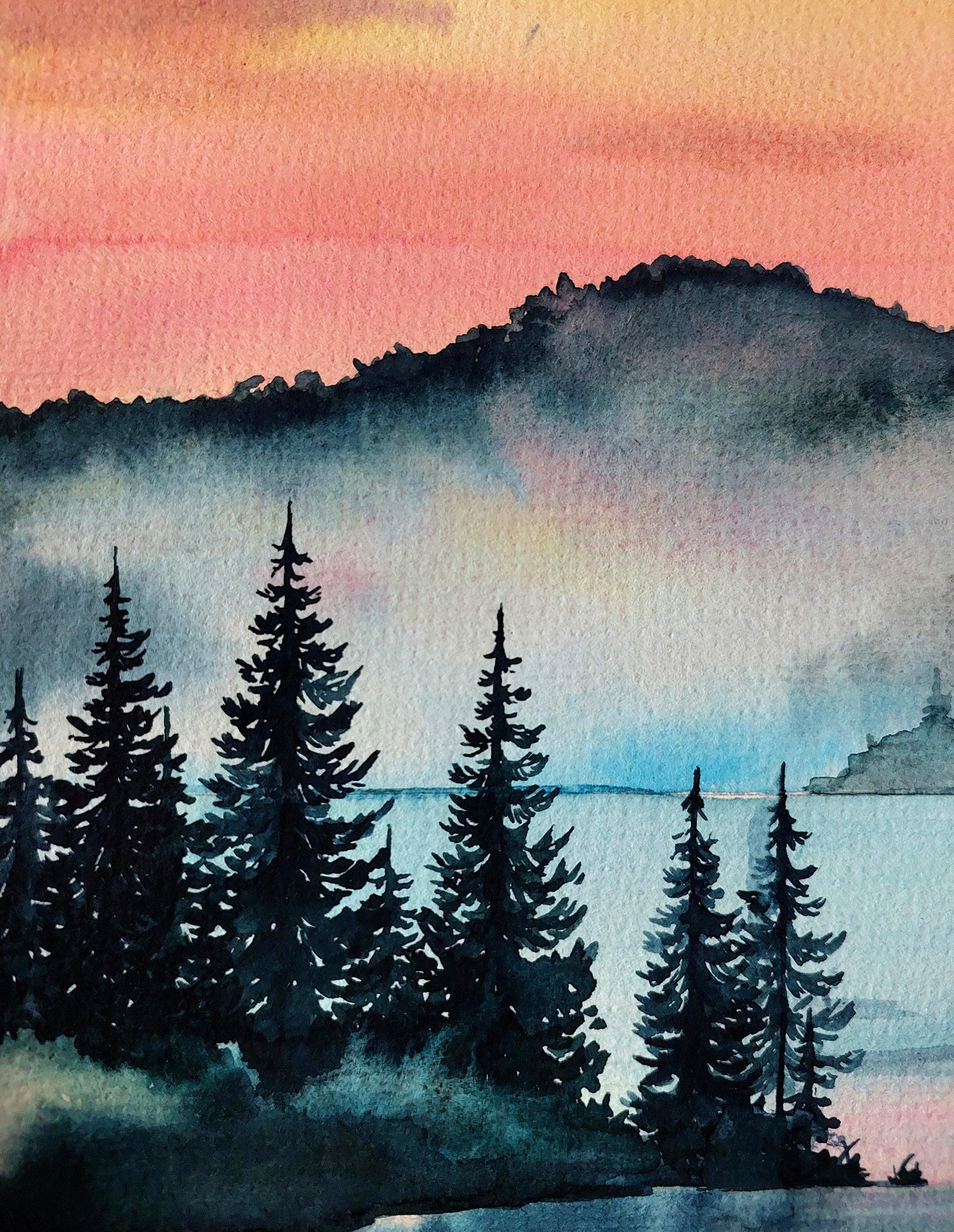 オリジナル水彩画、森の絵、森の壁画、山の壁画、冬の風景、水の反射