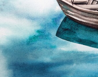 水彩画 風景 ボートと湖 モノトーン　＊交渉可 山の湖の風景を描いたオリジナル水彩画、ボート風景画 - Etsy 日本