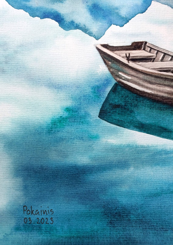 山の湖の風景を描いたオリジナル水彩画、ボート風景画 - Etsy 日本