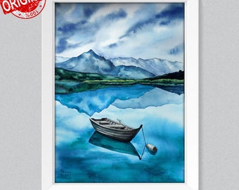 山の湖の風景を描いたオリジナル水彩画、ボート風景画 - Etsy 日本