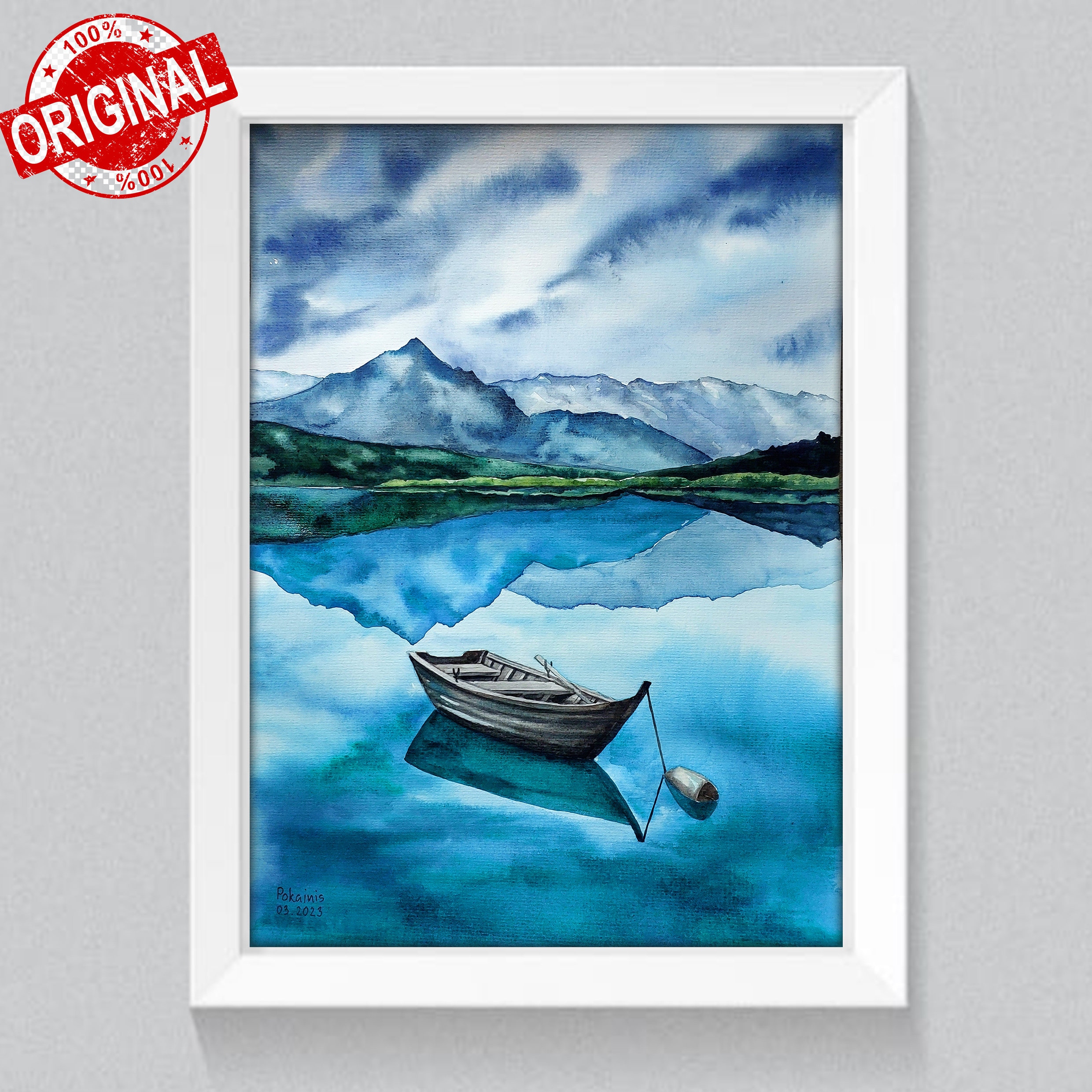 山の湖の風景を描いたオリジナル水彩画、ボート風景画 - Etsy 日本