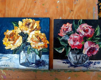 黄色いバラのオリジナル油絵、花の壁アート、厚塗りの油絵、植物の