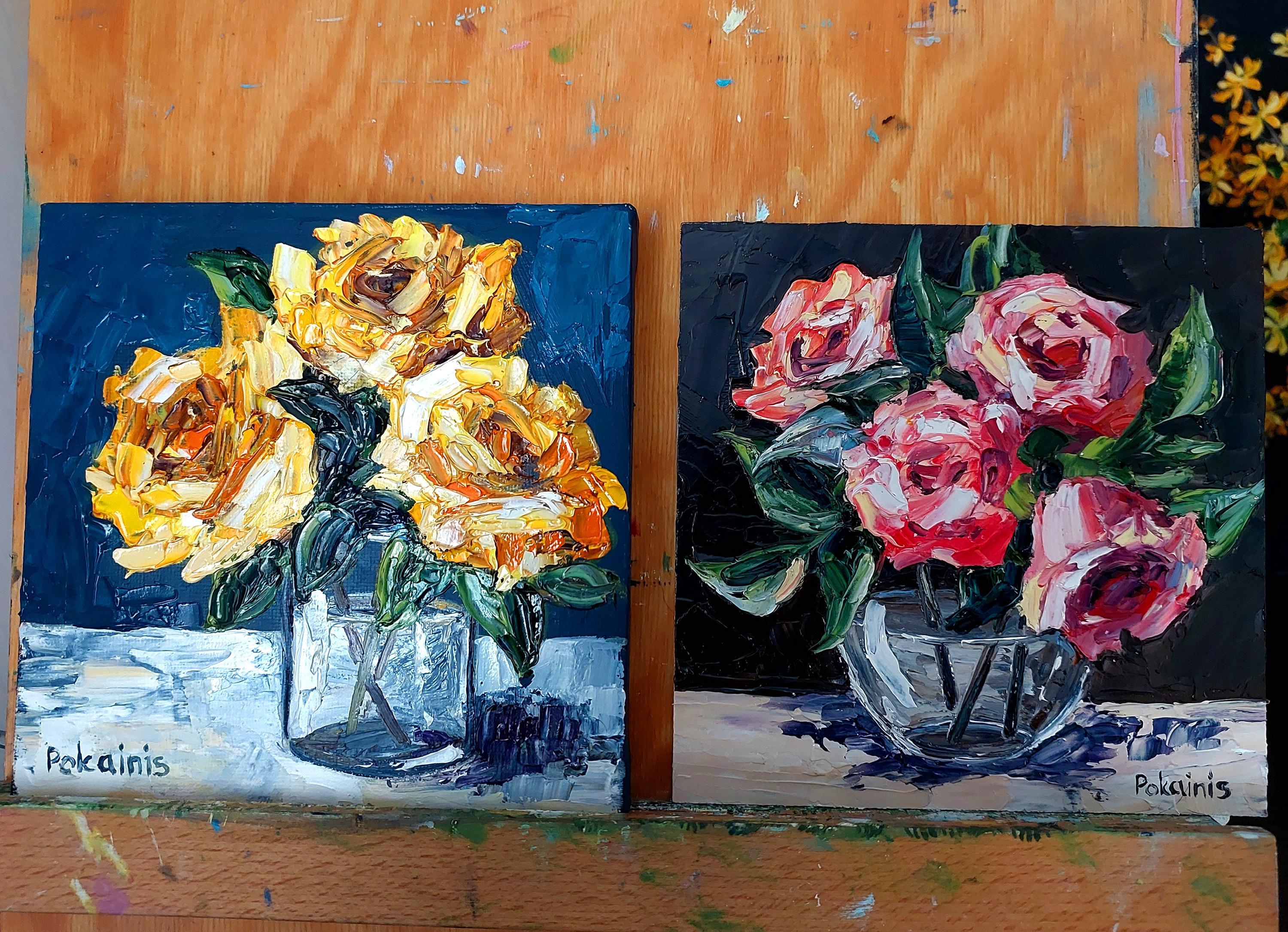 黄色いバラのオリジナル油絵、花の壁アート、厚塗りの油絵、植物の