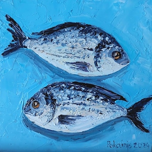 Fish original oil painting, small impasto still life artwork, kitchen fine art, fish wall art, tiny oil painting, sardines original artwork