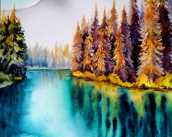 ORIGINAL watercolor painting, painting from photo, mountain wall art, forest painting, sunset wall art, Emerald lake painting, lake painting