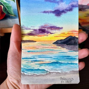 ACEO, acquerello originale, opera d'arte murale con paesaggio marino, piccolo dipinto di oceano 4*6 pollici, dipinto di tramonto sulla spiaggia, cartolina artistica ACEO