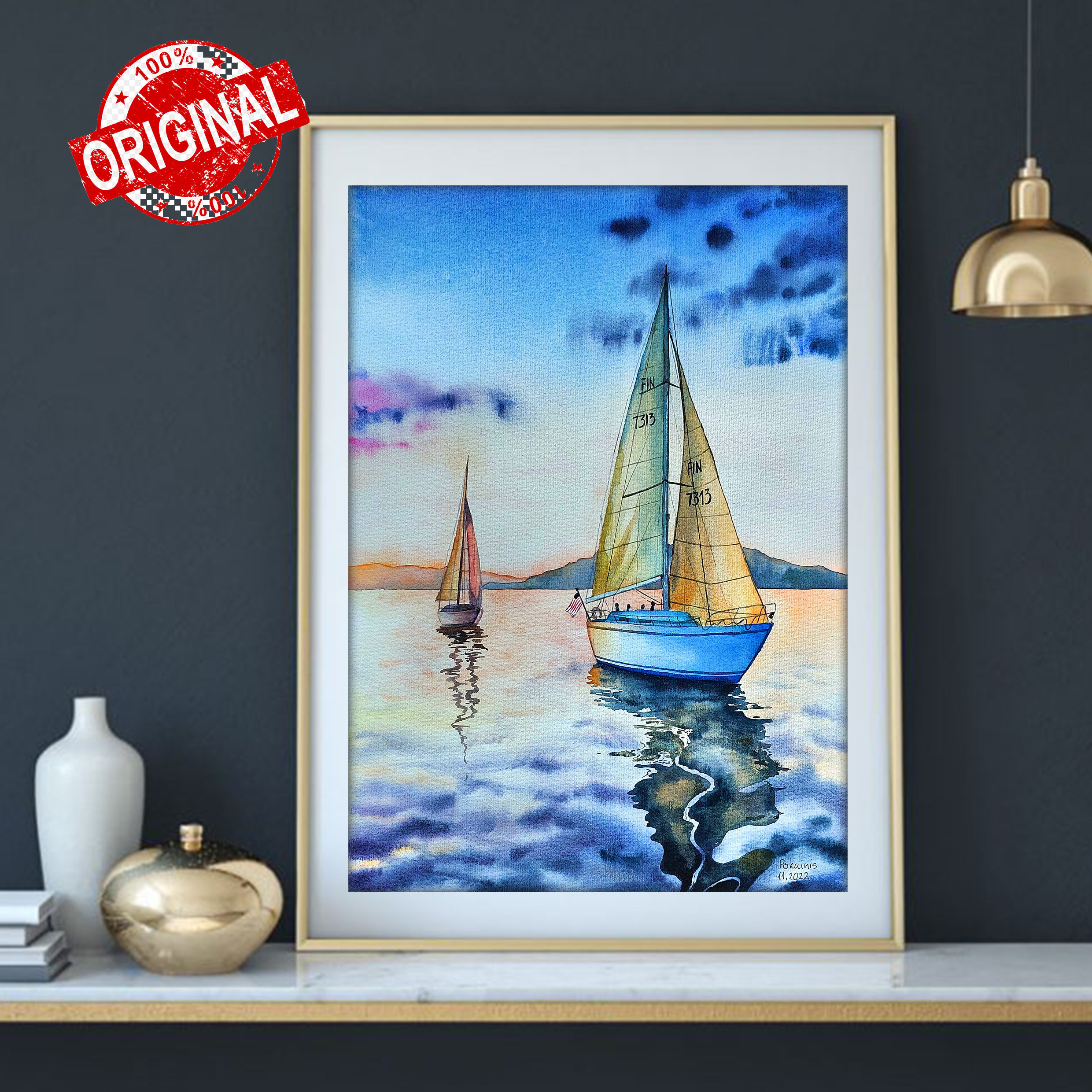 Original Sailboat Watercolor Painting, Sunset Lake Seascape Art