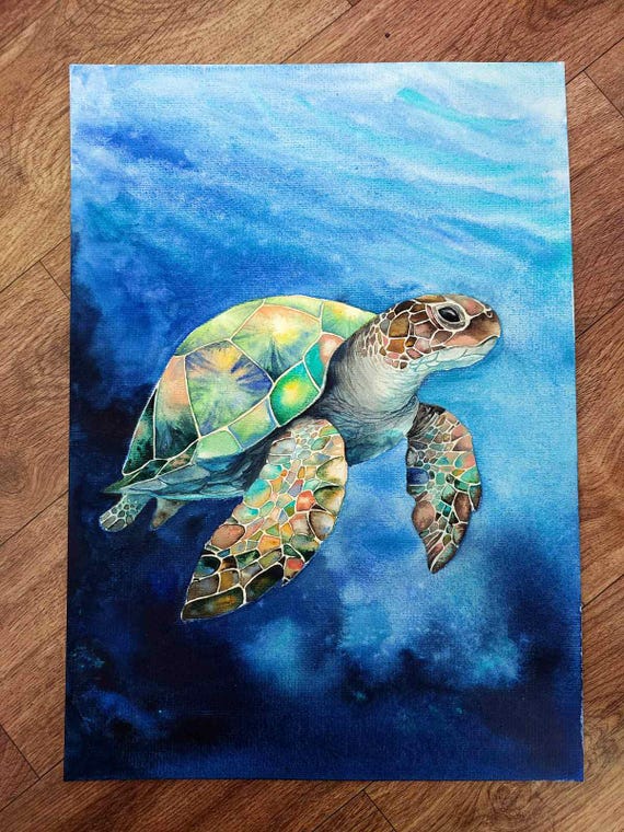 オリジナルの水彩画によるウミガメの絵画、海の壁掛けアート、水中