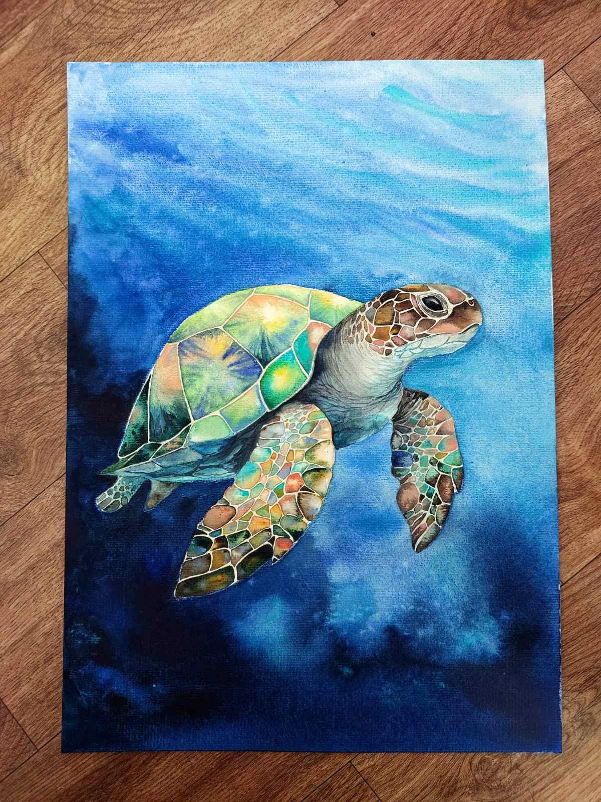 オリジナルの水彩画、ウミガメの絵画、海の動物のアートワーク、カメ