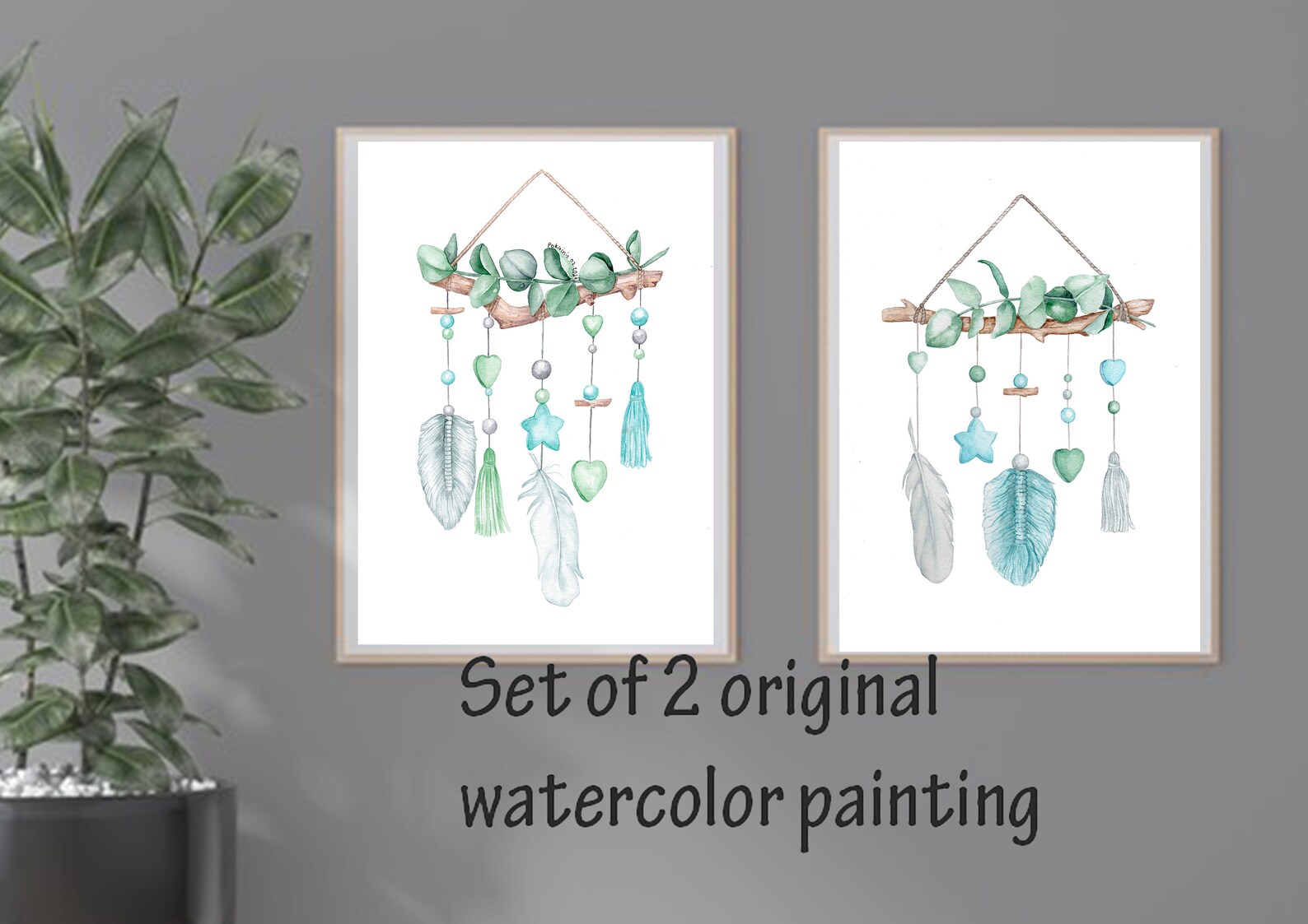 Set of 2 watercolor paintings Dream Catcher Watercolor Blue | Etsy