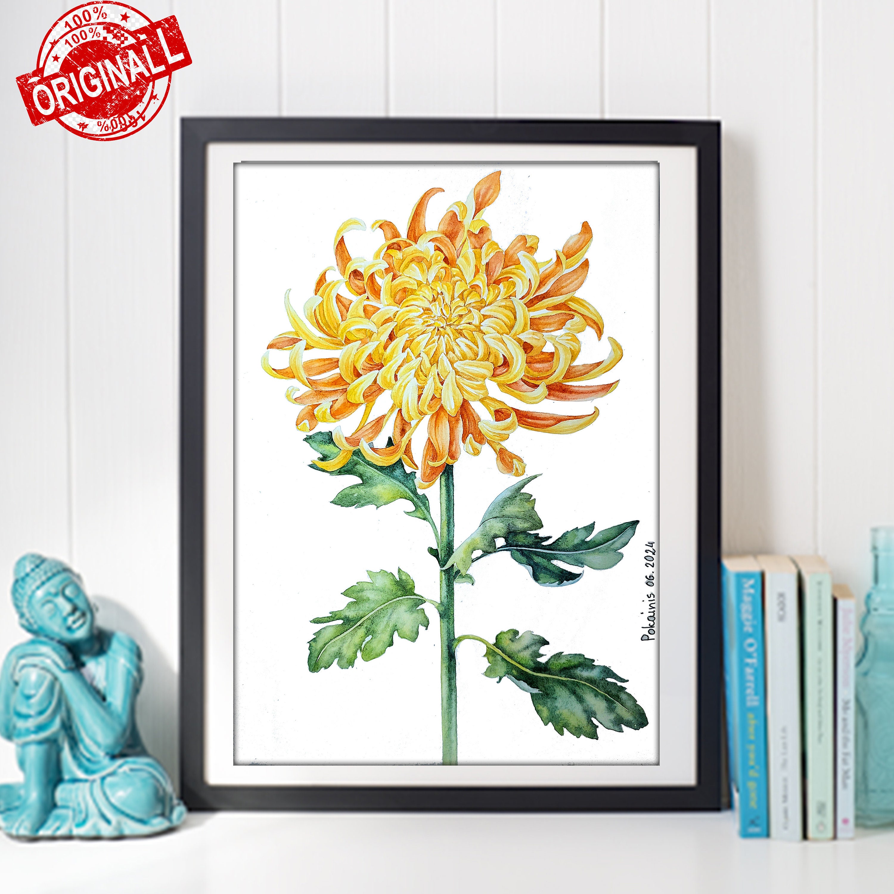 菊の絵画、オリジナルの花の水彩画、8x11 - Etsy 日本