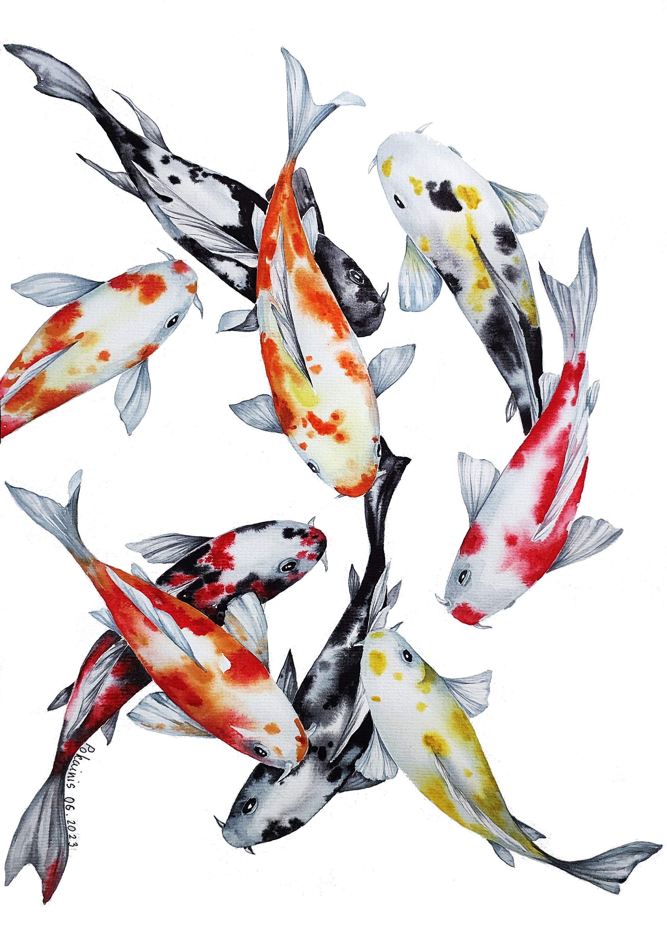 オリジナルの水彩画、9匹の鯉の抽象的な水彩画、鯉の赤と黒の現代