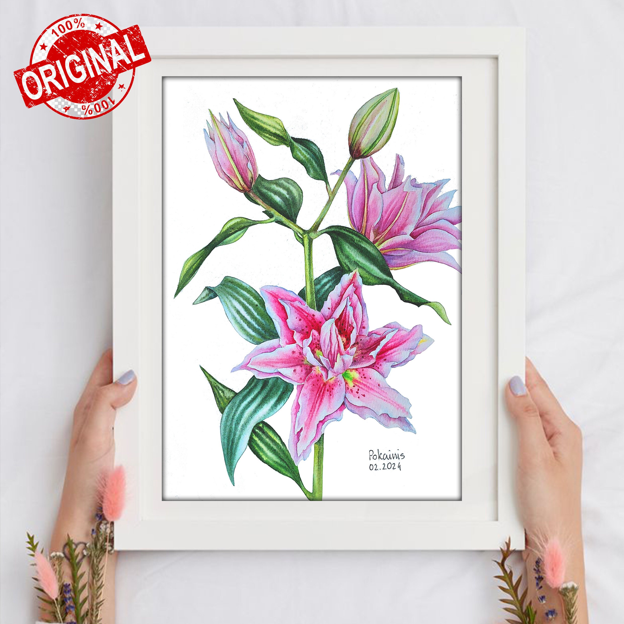 ユリのオリジナル水彩画、花の静物画、花の壁画、ピンクの花の絵画