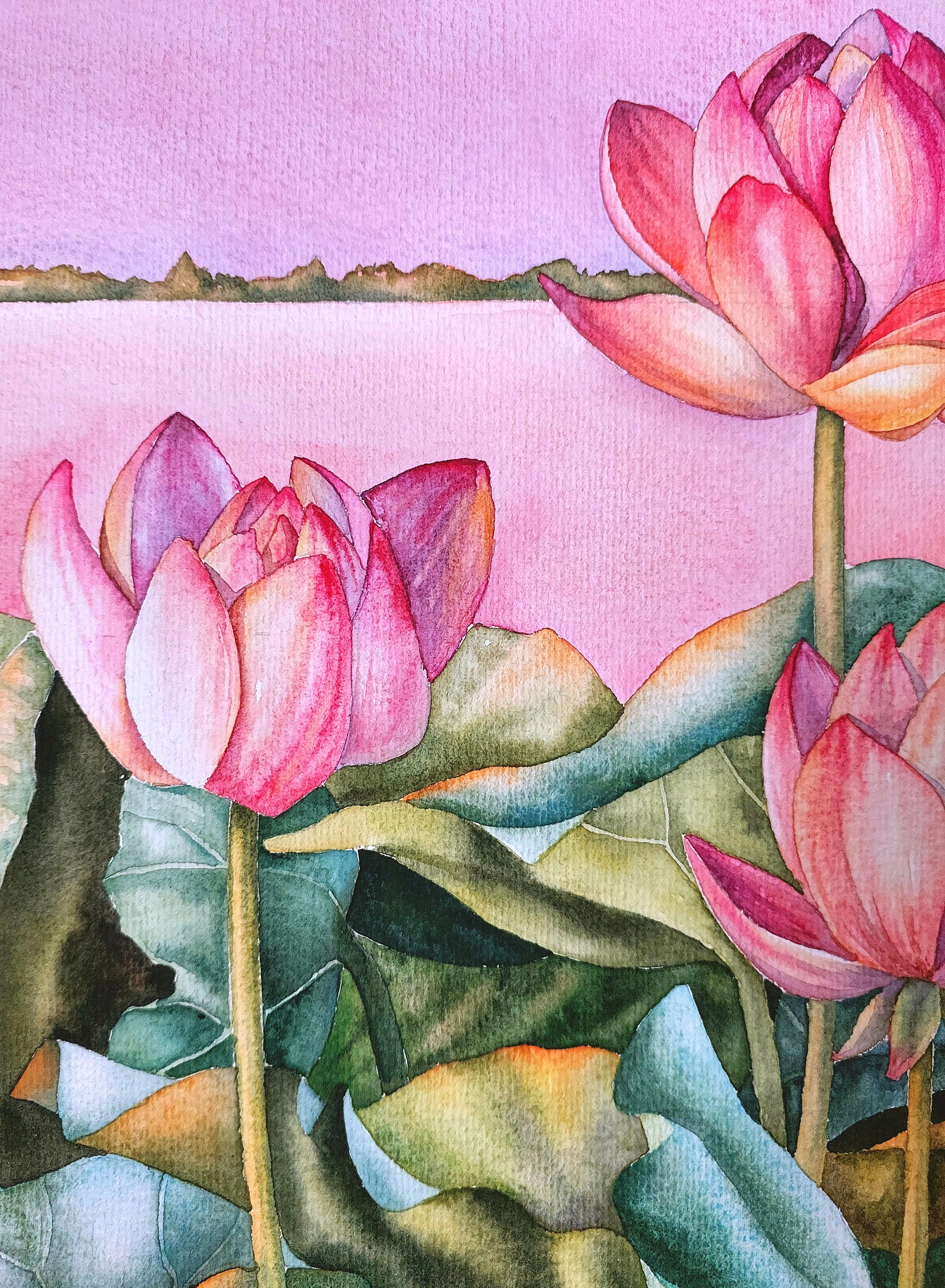 オリジナル水彩画、蓮の花の壁アート、蓮の絵、睡蓮の絵、蓮の花の