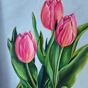 Tulpe original Ölgemälde, botanische Kunst, florales Stillleben, feine Kunst der Blumen, feine Kunst, Küche original Kunst