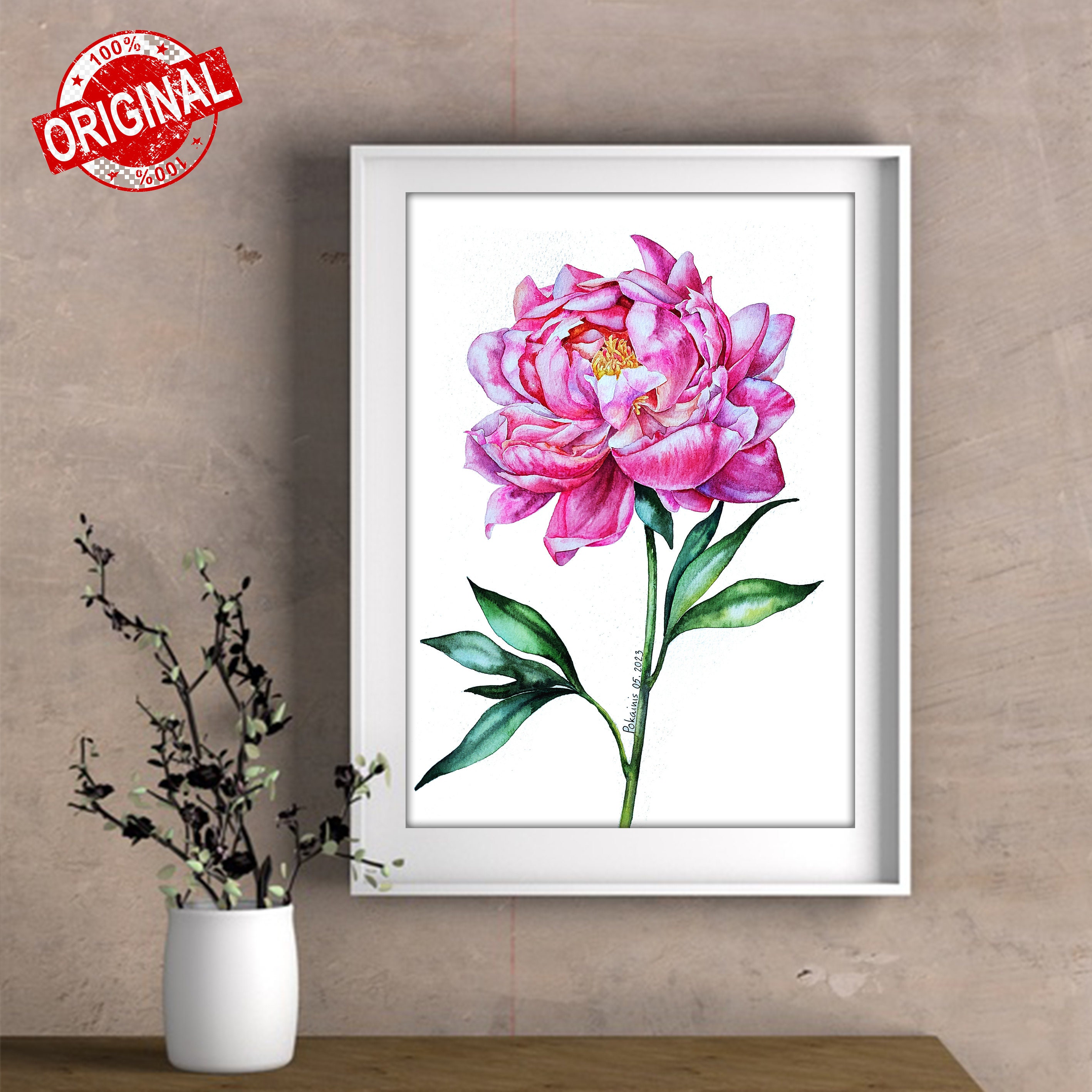 ピンクの牡丹の水彩画、花の壁アート、牡丹のつぼみの壁アート