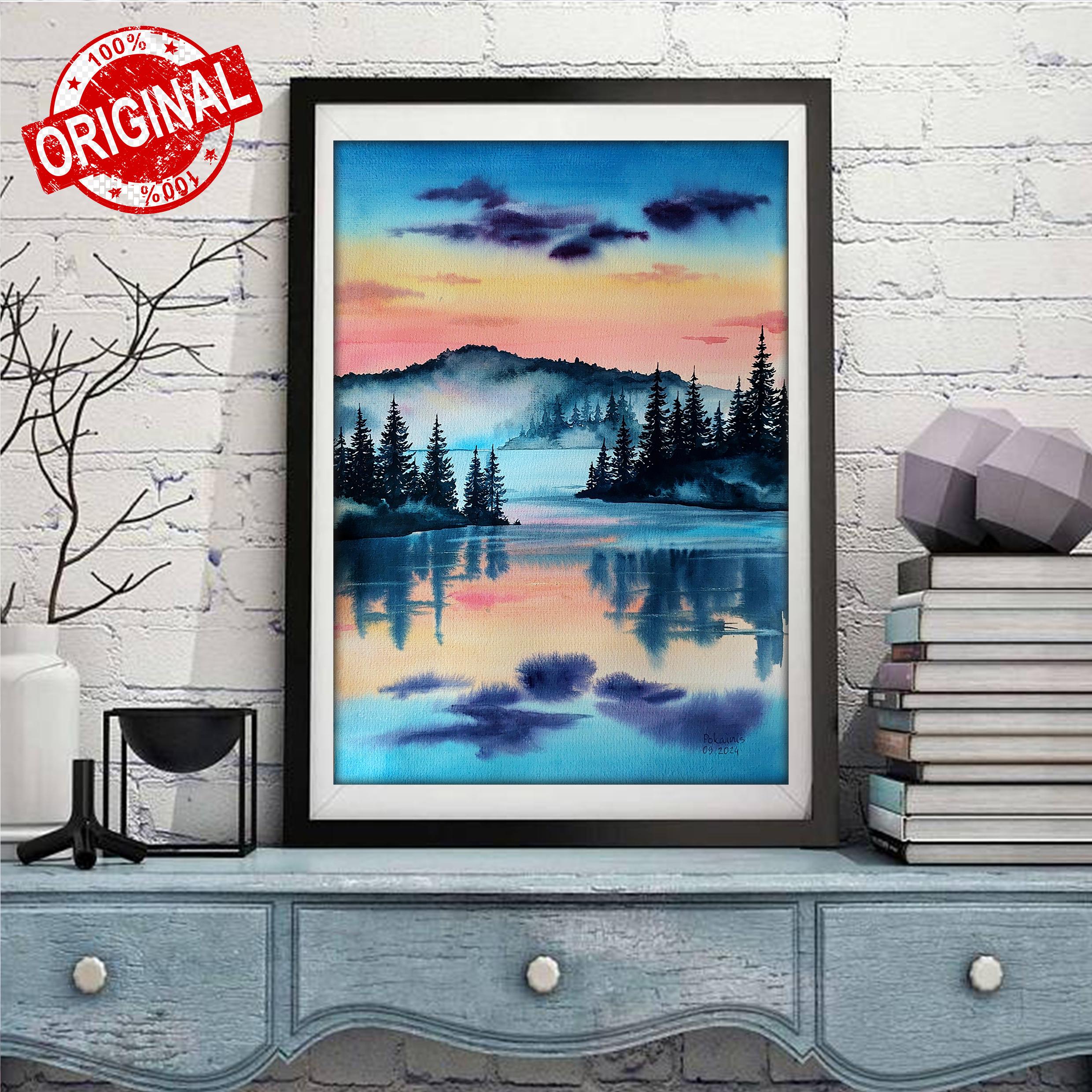 オリジナル水彩画、森の絵、森の壁画、山の壁画、冬の風景、水の反射