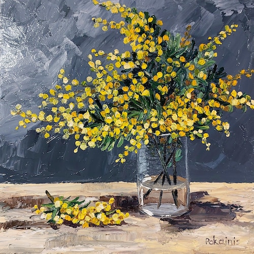 Peinture à l'huile originale d'empâtements, nature morte florale, oeuvre d'art botanique, peinture à l'huile de mimosa, oeuvre d'art de fleurs dans un vase, oeuvre d'art originale de cuisine
